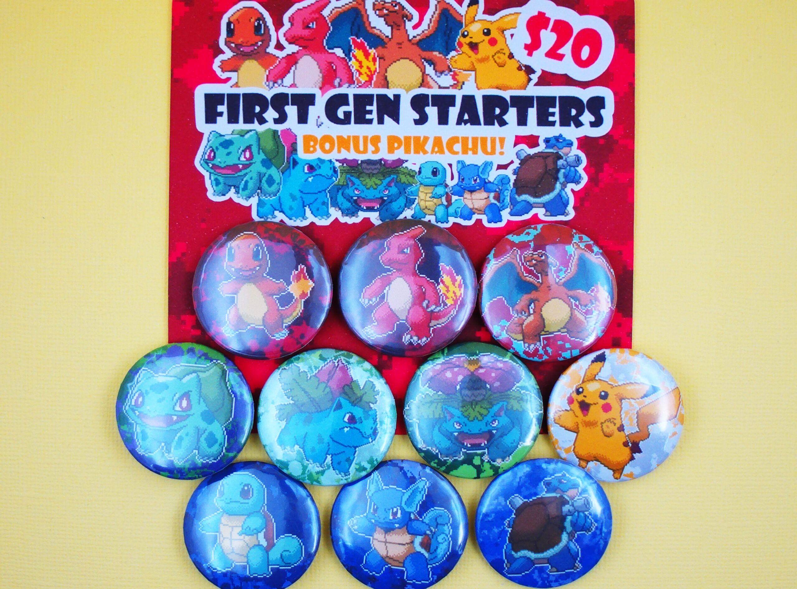 First Gen Starters plus Pikachu